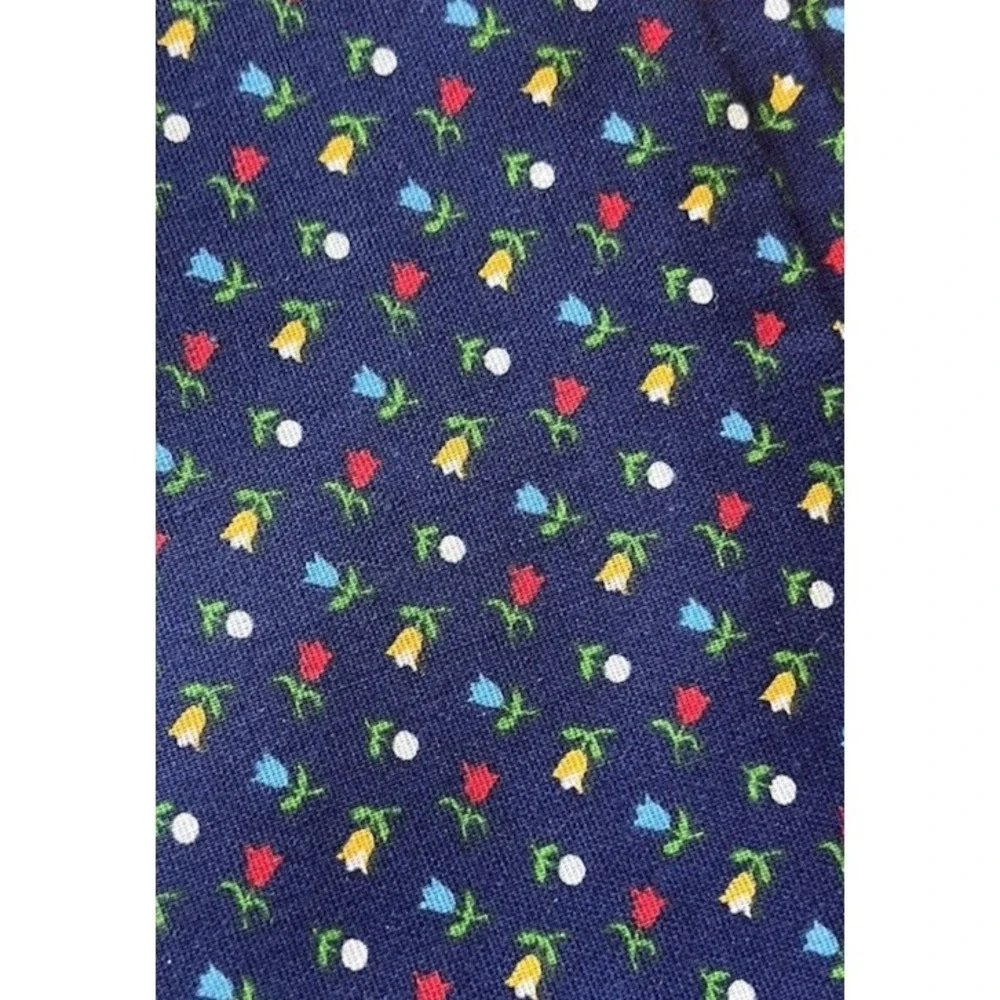 Vintage Blue Floral Fabric Dark Navy Red Yellow Tulip Flower Cottagecore 1.5 Yds